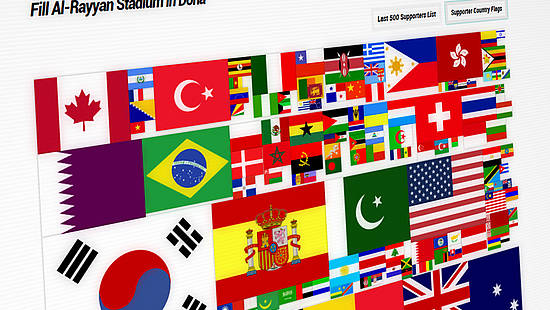 Visualisierung der Unterstützerliste auf act.equaltimes.org durch Abbildung der Landesflaggen der Kampagne „Qatar: Do The Right Thing“