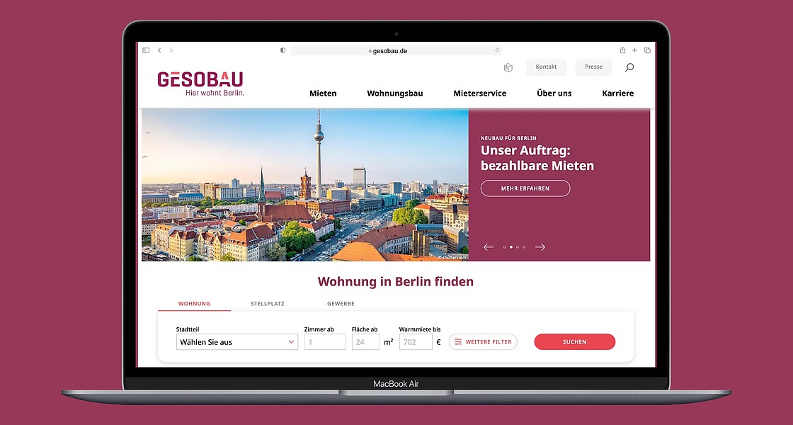 Die Startseite der neuen GESOBAU-Webseite mit Slider zu aktuellen Projekten und Wohnungssuche.