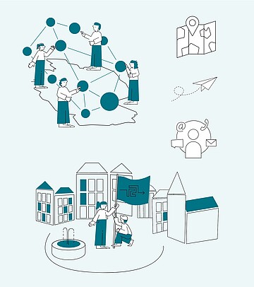 Ansicht verschiedener Illustrationen und Icons, darunter ein Papierflieger, ein Netzwerk aus Menschen, eine Figur mit verschiedenen Kontaktmöglichkeiten, Sprechblasen und einer Illustration der Netzwerkstelle.